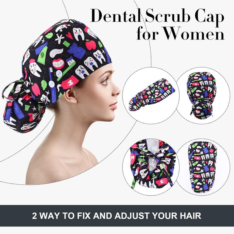 Tisancy 12 Pcs Dental Scrub Cap for Women Nurse Cap with Button Adjustable Dentist Surgical Hat Long Hair Ponytail Pouch Hat - Image 4